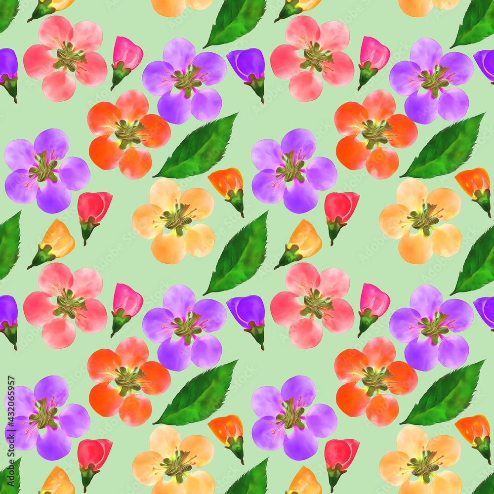 Quince, apple quince. Illustration, texture of flowers. Seamless pattern for continuous replication. Floral background, photo collage for textile, cotton fabric. For wallpaper, covers, print