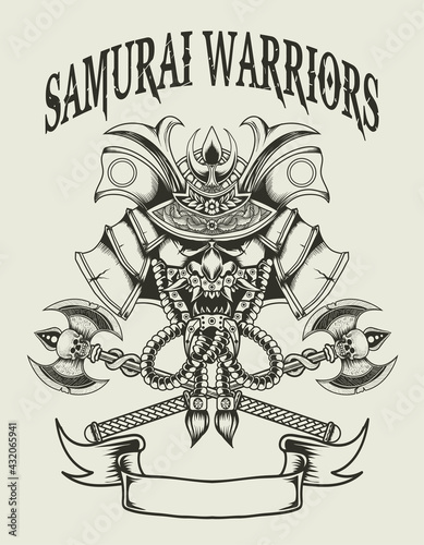 illustration vector samurai head monochrome style