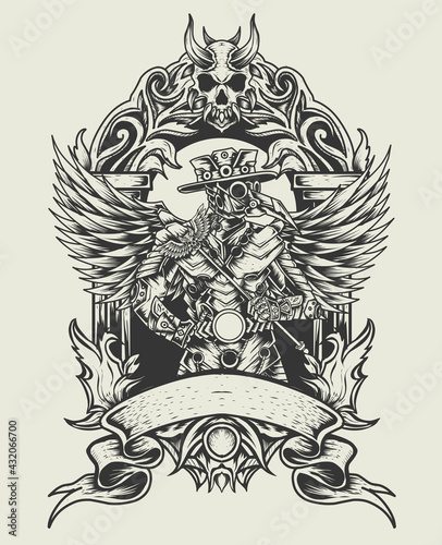 Illustration vector plague doctor robotic costume with dark flame skull