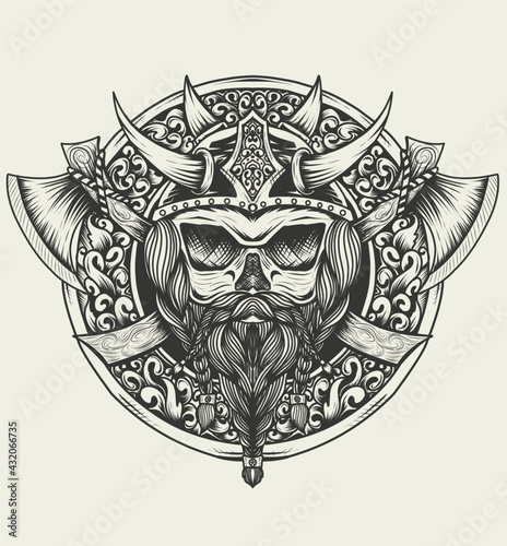 illustration vector viking head with two axe monochrome style