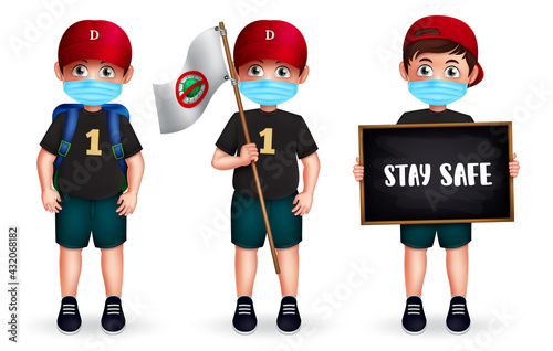 Boy character vector set. Back to school male student characters in standing and holding chalkboard stay safe and stop covid19 campaign for new normal education. Vector illustration
