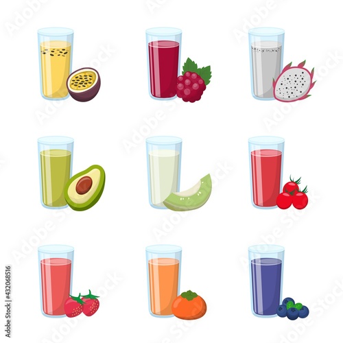 Cartoon comic vector set of 9 fruit juices and glasses