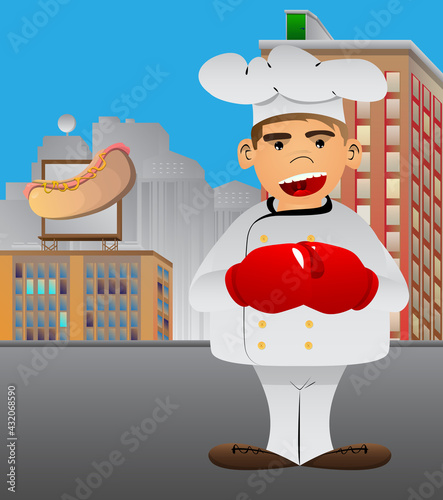 Fat male cartoon chef in uniform holding his fists in front of him ready to fight wearing boxing gloves. Vector illustration.