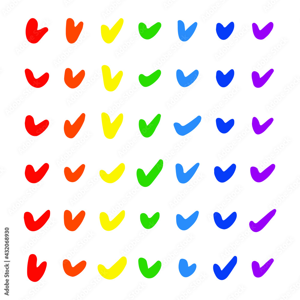 Set of 49 check marks arrows of rainbow colors. Grunge texture pattern. Hand drawn ink brush bright multicolored stains design elements. LGBT, CSD pride, National Coming Out Day. Vector illustration