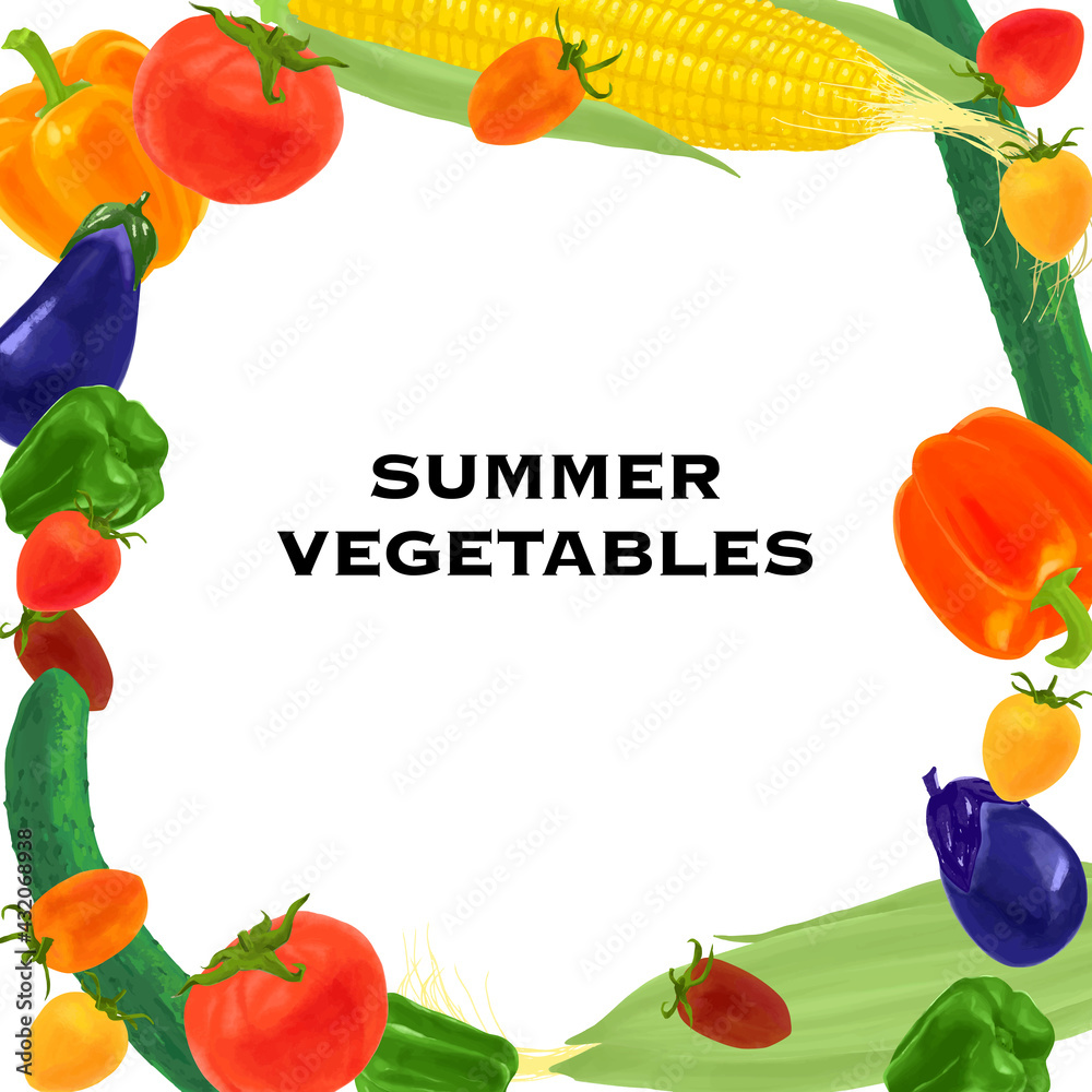新鮮なトマトや茄子 玉蜀黍など夏野菜のベクターイラスト フレーム Stock Vector Adobe Stock