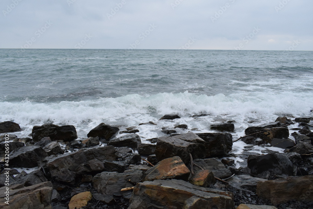 Big waves on the Black Sea. Stone beach. The photo was taken near the resort town of Anapa. Big waves on the Black Sea. Stone beach. The photo was taken near the resort town of Anapa.