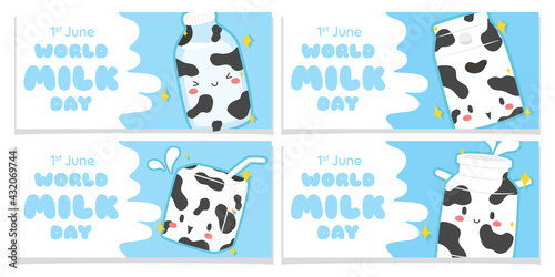 Cute milk World Milk Day banner vector set