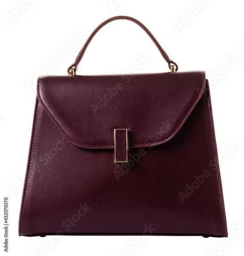 Business women's A-line bag made of genuine burgundy leather with one handle. The model is closed with a flap on the clasp