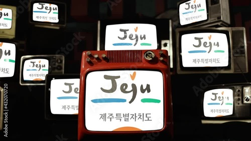 Flag of Jeju Province, South Korea, and Vintage Televisions.   photo