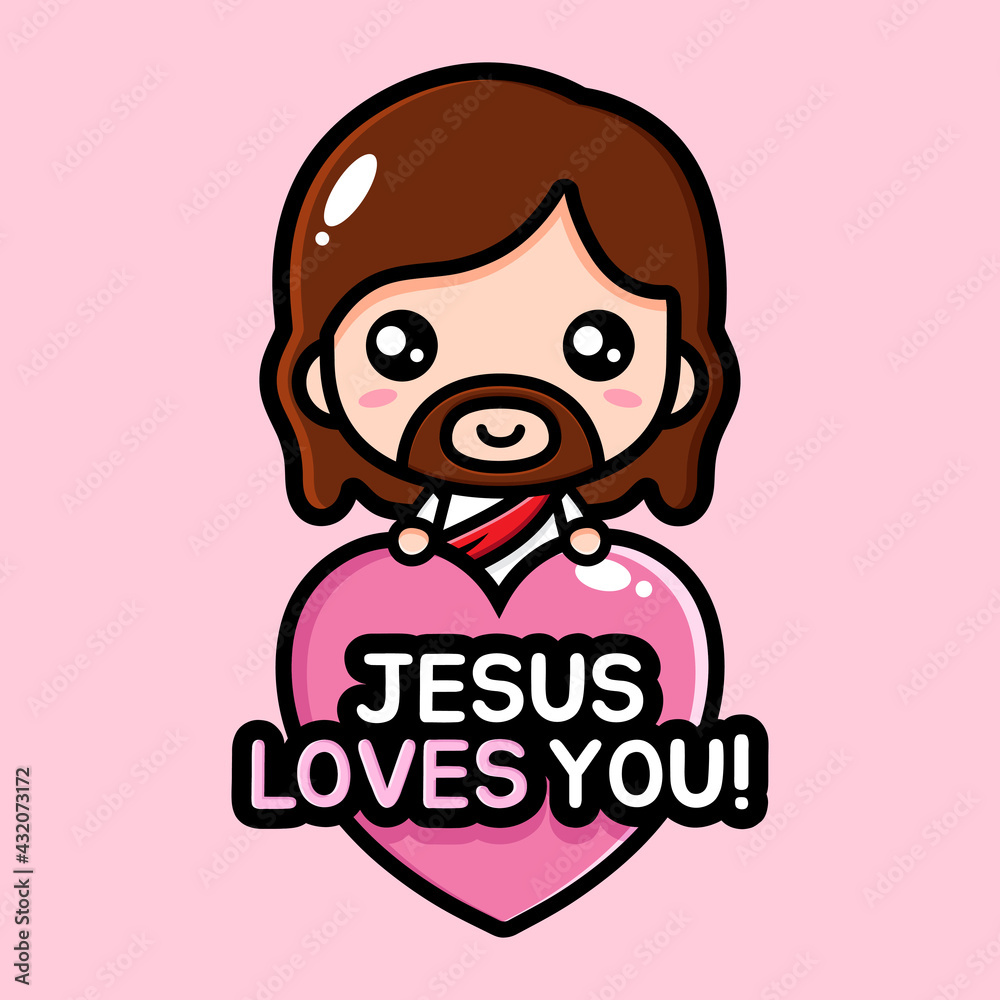 cute cartoon jesus vector design holding a heart with jesus love you  writing Stock Vector | Adobe Stock