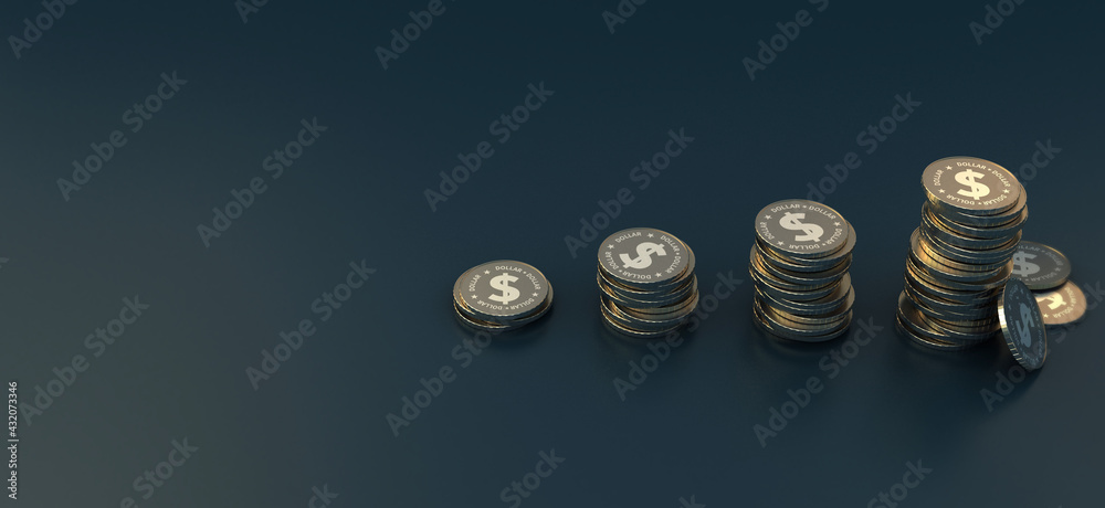 Dollar coins piled up on a dark background. Economic, financial concept 3d illustration.