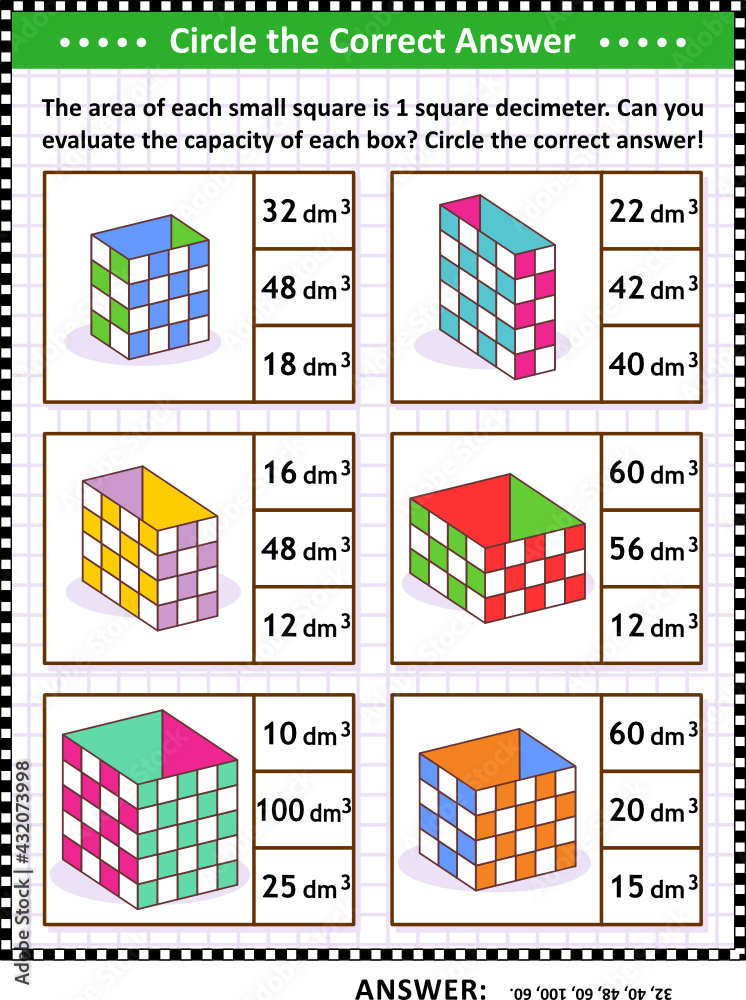 Math skills and IQ training visual puzzle or worksheet. Evaluate the capacity of each box. Circle the correct answer. Answer included.
