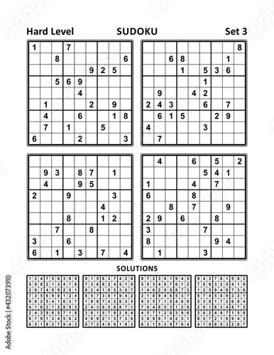 Four sudoku puzzles of hard level, solutions included. Set 3.
