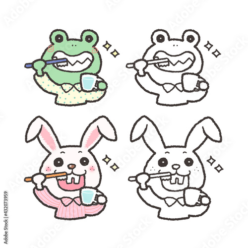 歯を磨くカエルとウサギのイラスト