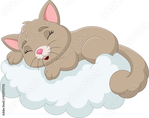 Cartoon baby cat sleeping on the clouds
