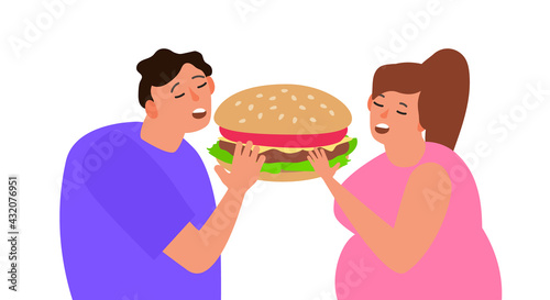 man and woman eating tasty burger together vector illustration