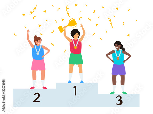 women athletes winner  standing on the podium with medals and trophy cup vector illustration