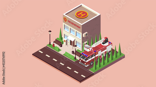 A fire station with a parked fire truck. Urban infrastructure. Vector illustration in the isometric style.