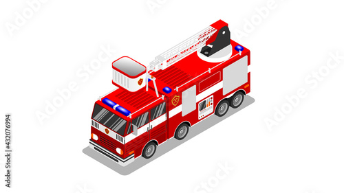Fire truck with retractable escape ladder. Vector illustration in the isometric style.