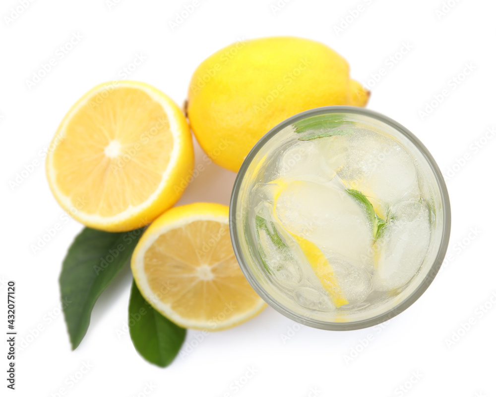 Cool freshly made lemonade and fruits on white background, top view Cool freshly made lemonade and fruits on white background, top view