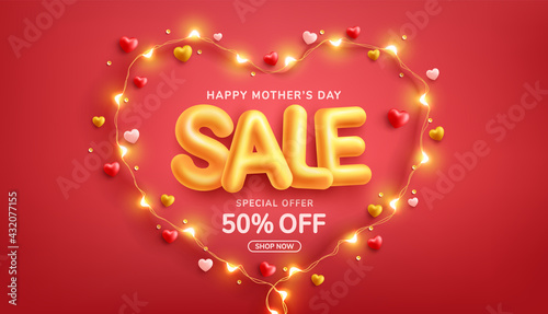 Mother's Day Sale Poster or banner with love heart and symbol of heart from LED lights on red background.Promotion and shopping template or background for Love and Mother's day concept.