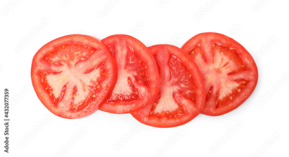 Slices of ripe tomato on white background, top view Slices of ripe tomato on white background, top view