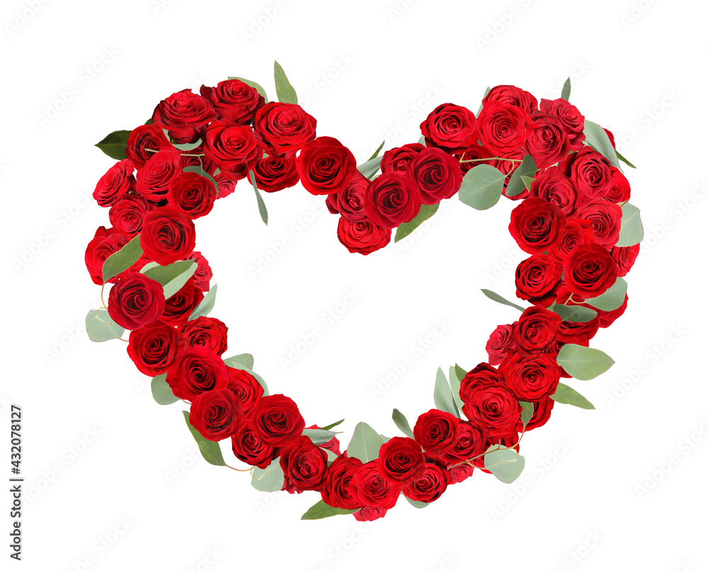 Heart made of beautiful red roses on white background