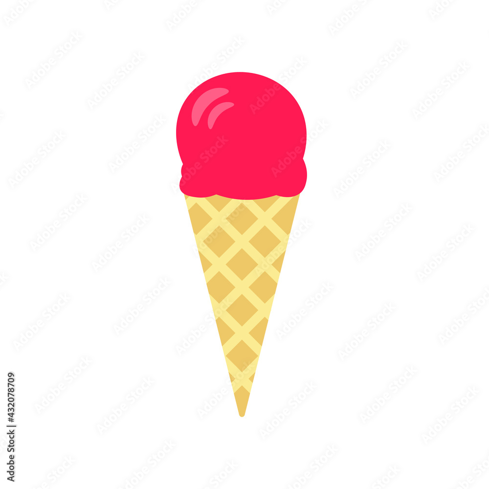 Flat vector illustration of waffle cone with ball of strawberry or raspberry ice cream or gelato in hot pink color. Isolated on white background.