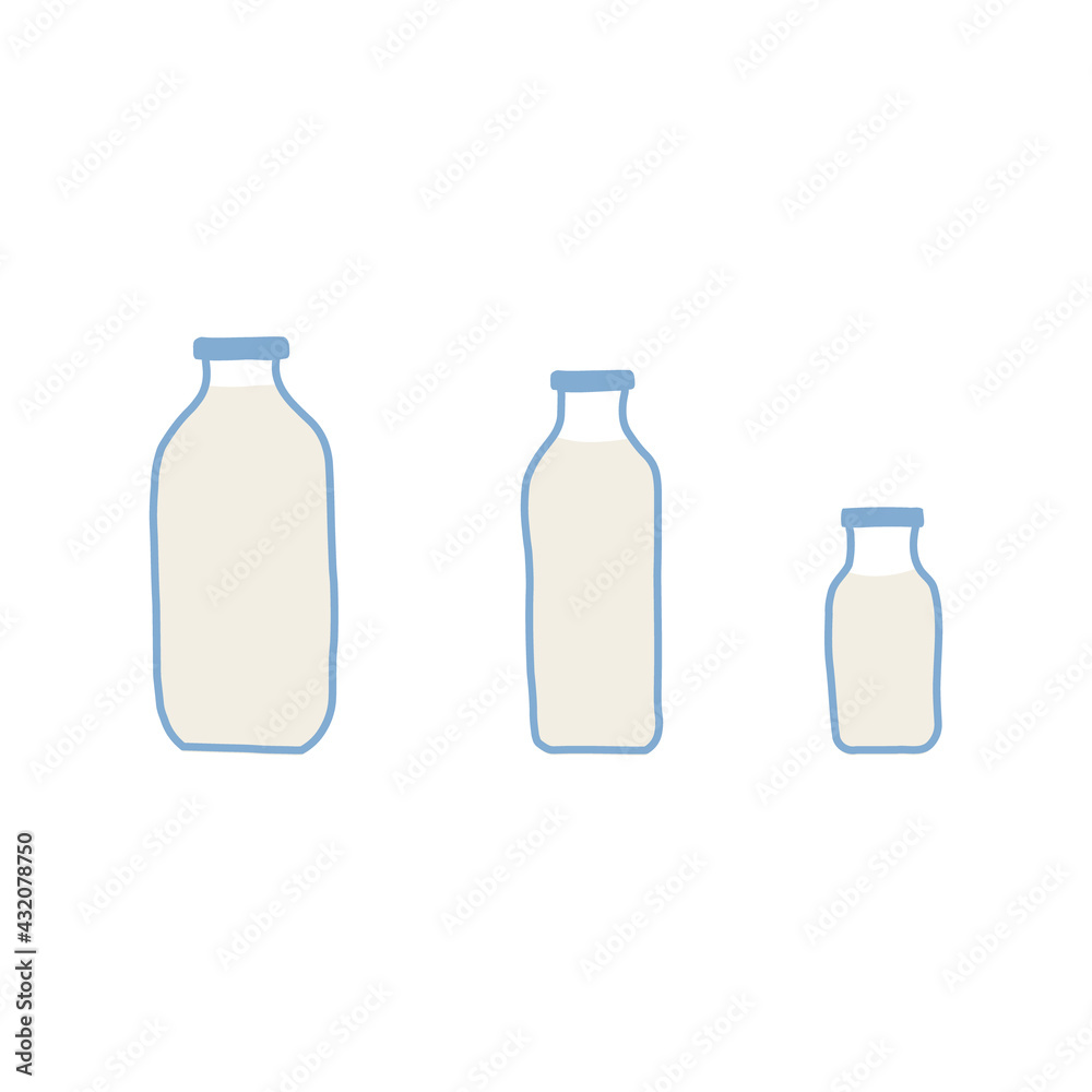 Hand drawn doodle line vector illustration set of milk, kefir in different glass bottles. Isolated on white background.