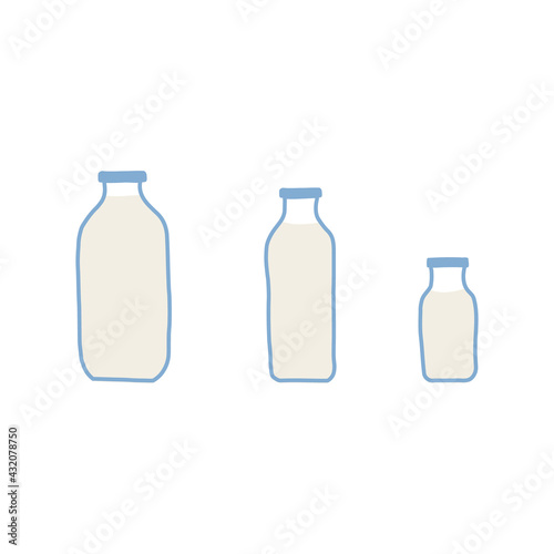 Hand drawn doodle line vector illustration set of milk, kefir in different glass bottles. Isolated on white background.