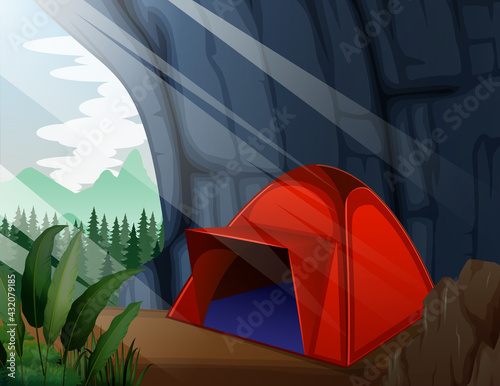 A camping tent in the cave illustration