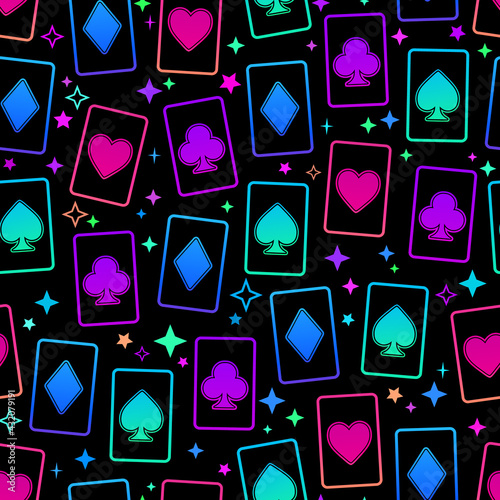 Seamless illustration of bright multicolored playing cards of different suits