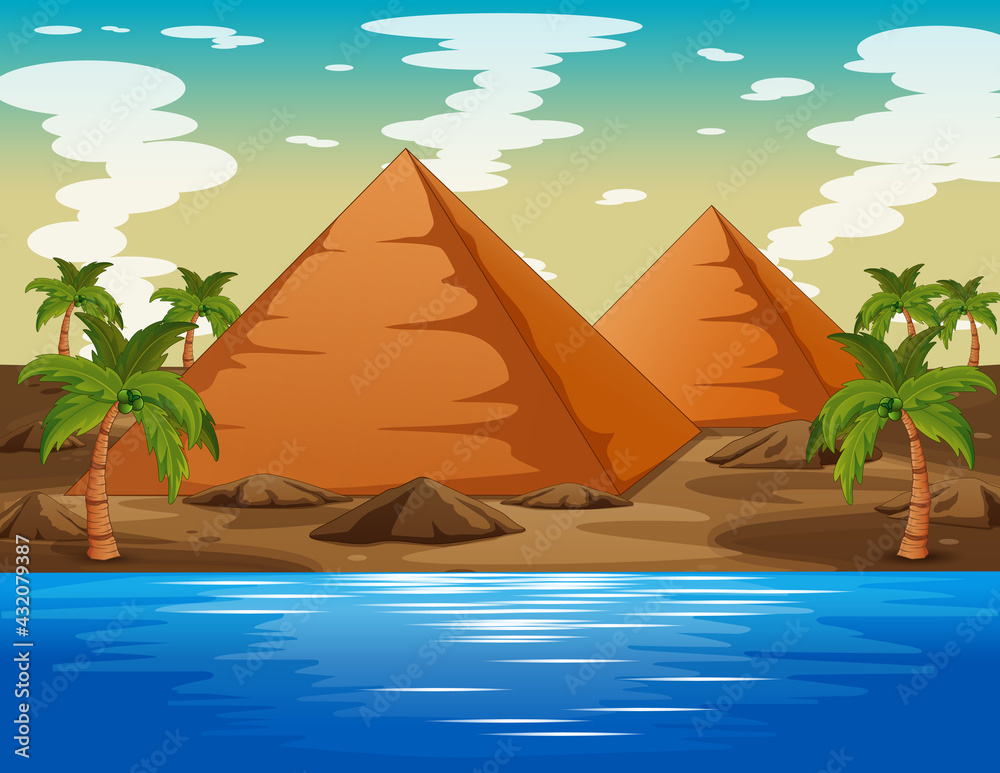 Background of a desert landscape with pyramid and lake