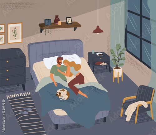 Happy couple sleeping together in modern bedroom. Man and woman hug each other in bed. Hand drawn vector illustration. Home bedroom interior design