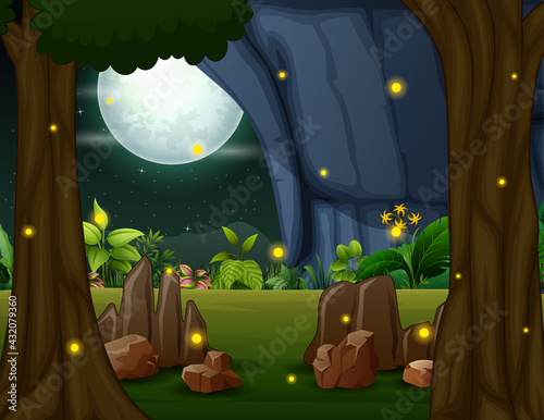 The fireflies flying in nature landscape at night