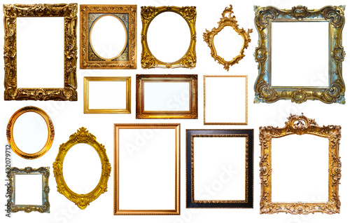 Set of isolated art empty frames in golden and silvery color