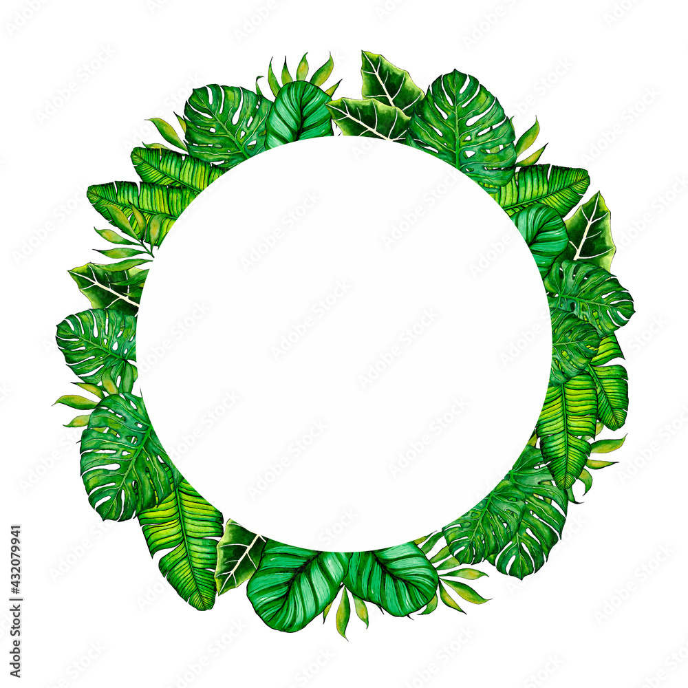 Fototapeta premium Watercolor tropical leaves wreath. Copyspase foliage frame .