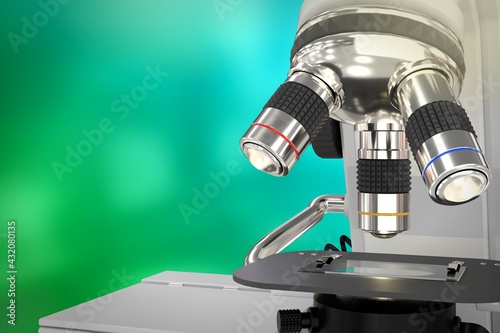 bio research concept, laboratory electronic scientific microscope on soft focus background - object 3D illustration
