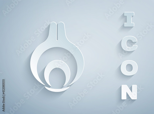 Paper cut Onion icon isolated on grey background. Paper art style. Vector