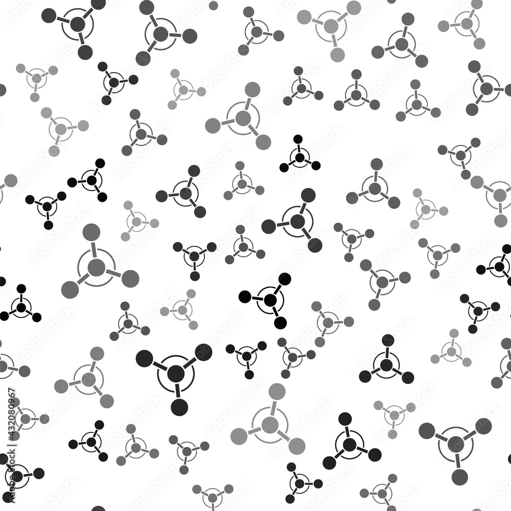 Black Molecule icon isolated seamless pattern on white background. Structure of molecules in chemistry, science teachers innovative educational poster. Vector