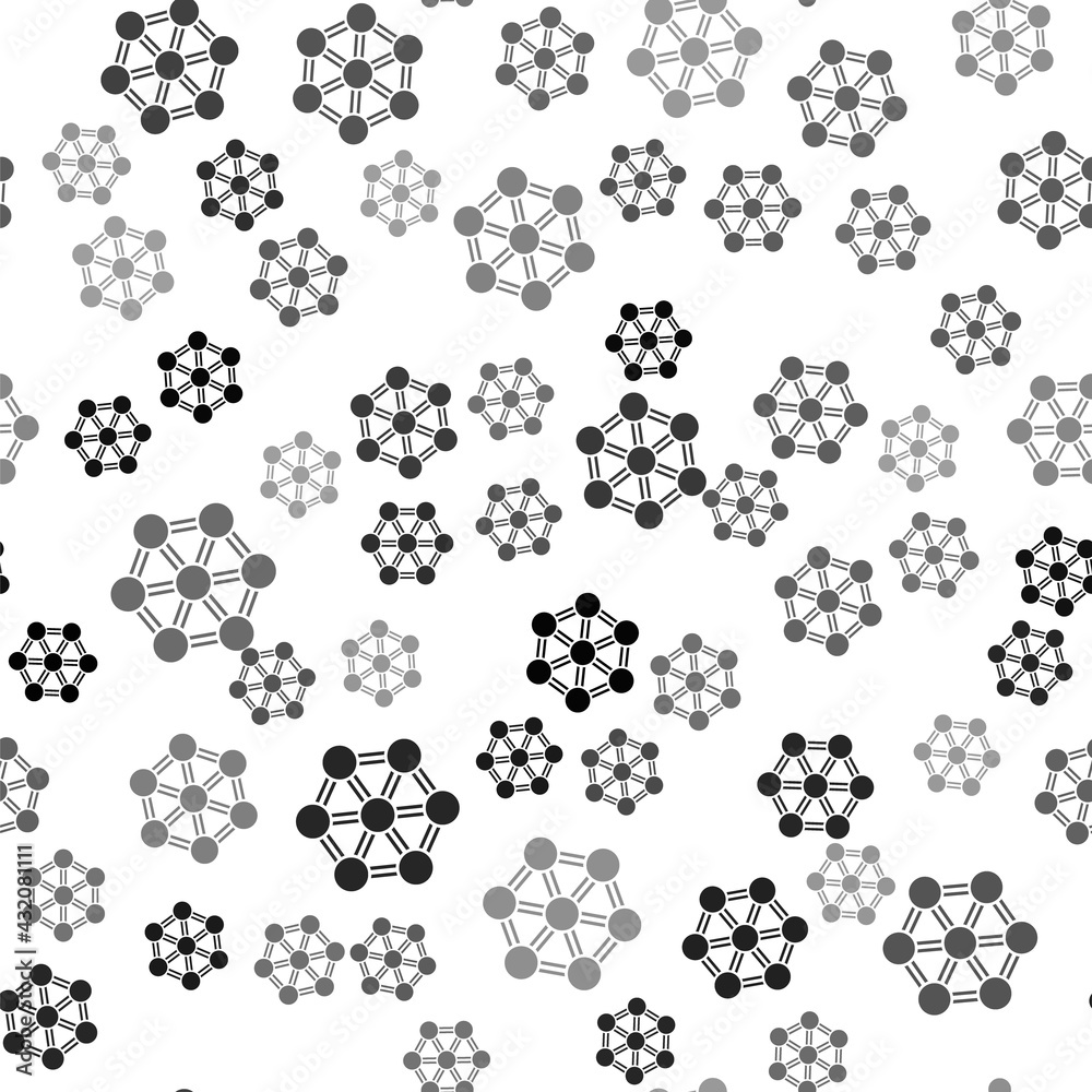 Black Molecule icon isolated seamless pattern on white background. Structure of molecules in chemistry, science teachers innovative educational poster. Vector