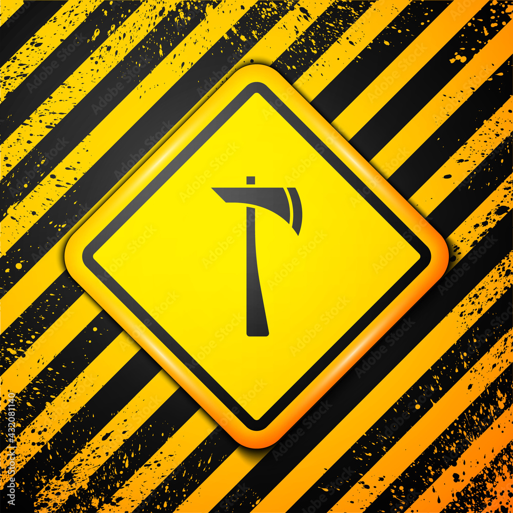 Black Firefighter axe icon isolated on yellow background. Fire axe. Warning sign. Vector Black Firefighter axe icon isolated on yellow background. Fire axe. Warning sign. Vector