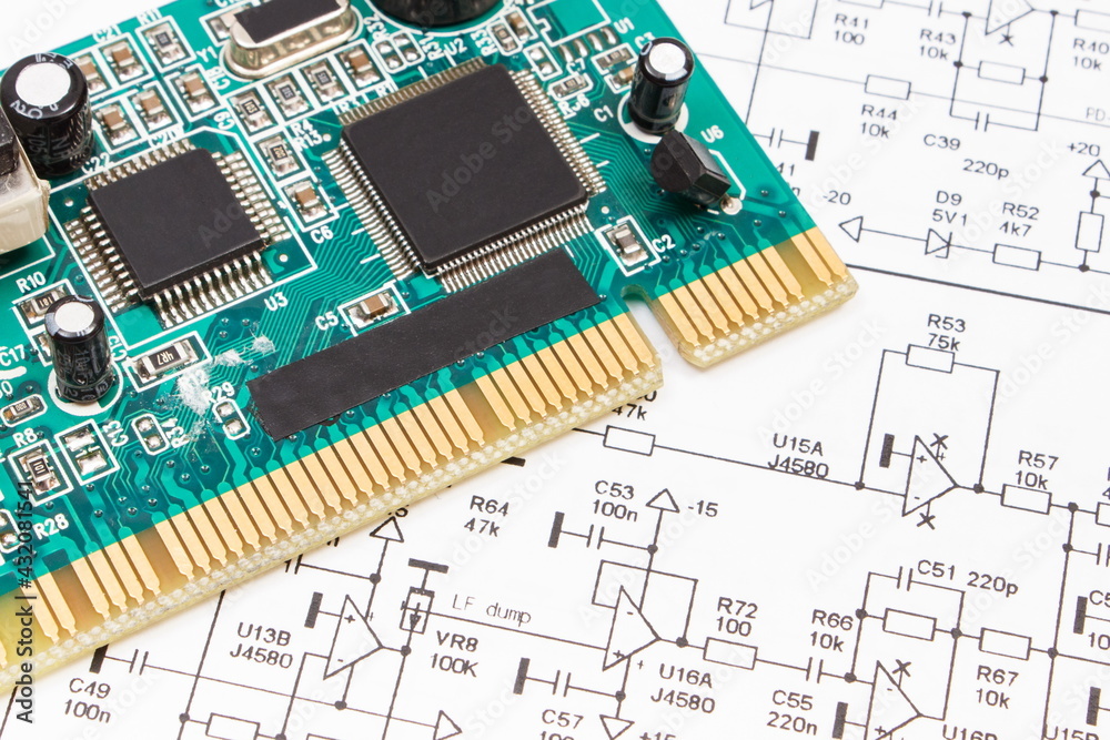 Printed circuit board and diagram of electronics. Technology Printed circuit board and diagram of electronics. Technology