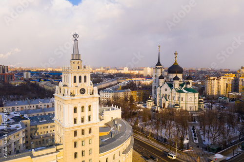 Aerial view of the Annunciation Cathedral and the tower of the Southern Railway building on the central street of ..Voronezh in winter  Russia