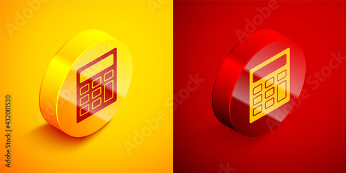 Isometric Calculator icon isolated on orange and red background. Accounting symbol. Business calculations mathematics education and finance. Circle button. Vector