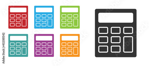 Black Calculator icon isolated on white background. Accounting symbol. Business calculations mathematics education and finance. Set icons colorful. Vector