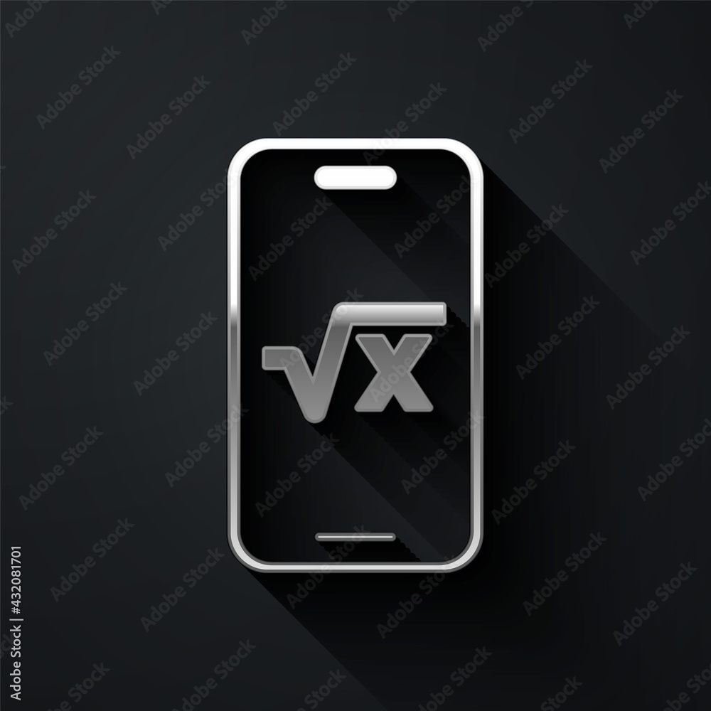 Silver Square root of x glyph icon isolated on black background. Mathematical expression. Long shadow style. Vector Silver Square root of x glyph icon isolated on black background. Mathematical expression. Long shadow style. Vector