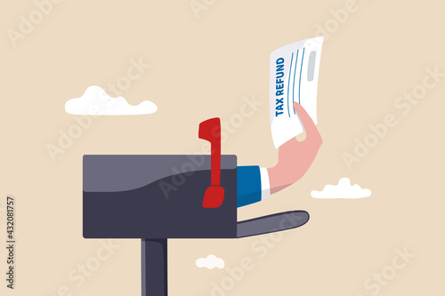 Tax refund or rebate credit concept, businessman hand came from postbox offer or giving letter with tax refund check to return money to tax payer.