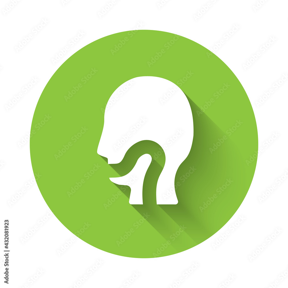 White Sore throat icon isolated with long shadow. Pain in throat. Flu, grippe, influenza, angina. Healthcare and medical. Green circle button. Vector White Sore throat icon isolated with long shadow. Pain in throat. Flu, grippe, influenza, angina. Healthcare and medical. Green circle button. Vector