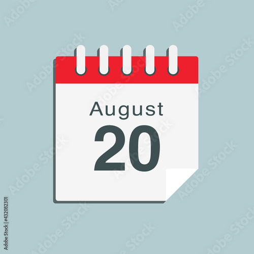 Icon day date 20 August, template calendar page